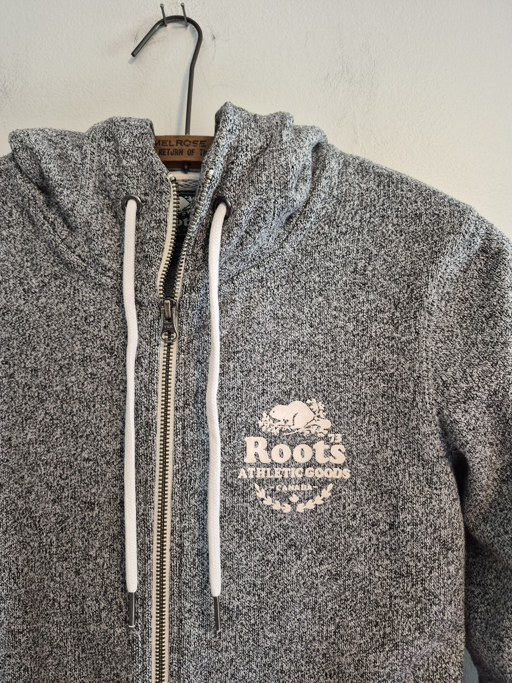 Roots XS Grey Marled Zip Up Hoodie Sweater with White Chest Logo - Picture 2 of 4